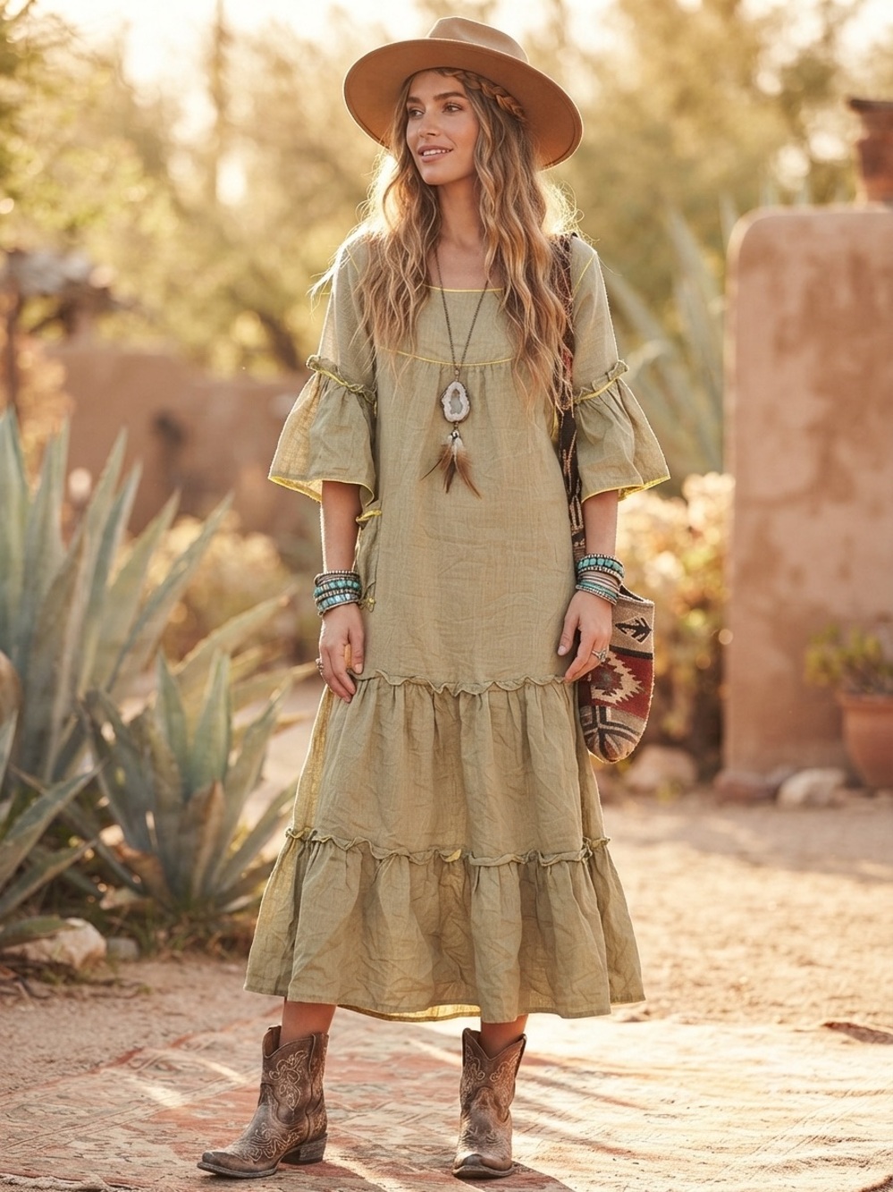 Boho Tiered Maxi Dress Contrast Yellow Peasant Ruffle Sleeve Oversized Lagenlook